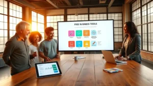 team of for mean and women exploring business tools