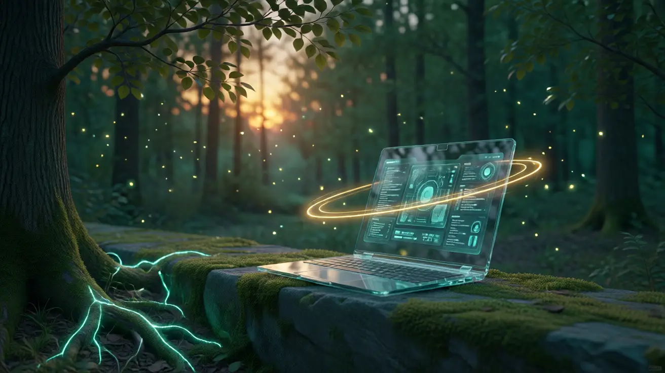 a laptop sat in an agrivoltaics themed atmosphere