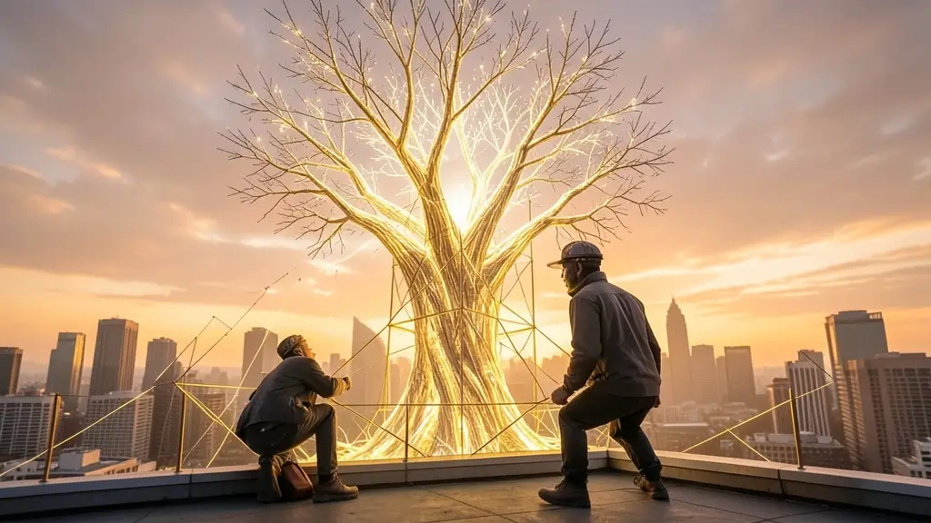 two men near a golden tree listening