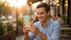 man interacting with his high tech phone on socials