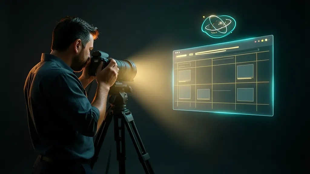A man focused with clarity on a screen interface that holds information