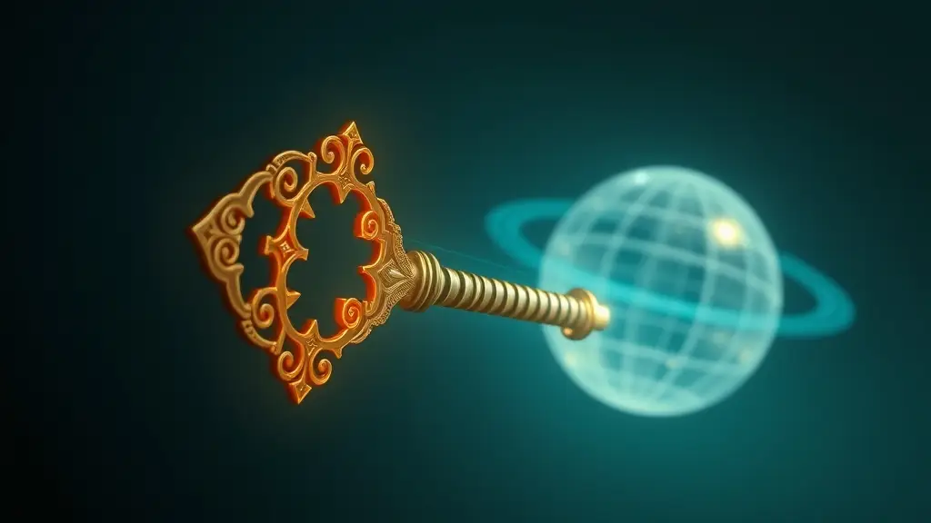 a golden key moving towards the globe icon
